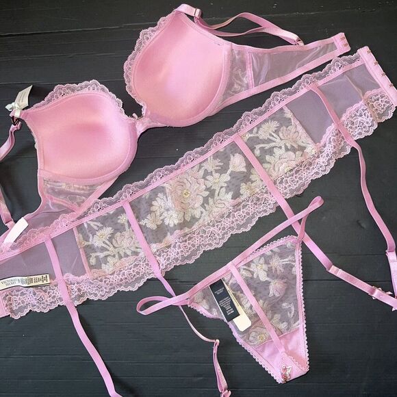 Victoria's Secret 34B BRA SET+garter+thong+S BABYDOLL gown PINK floral appliqué - Picture 11 of 11